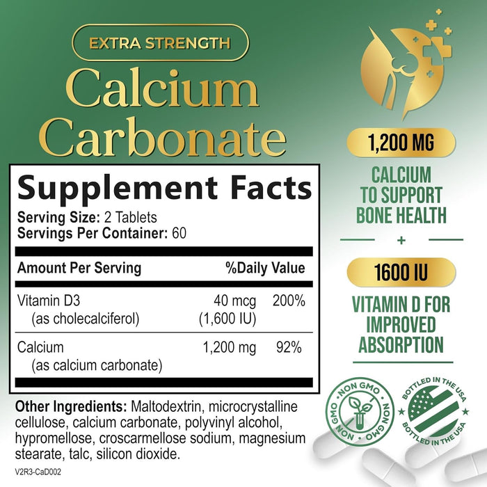 Nature's Calcium 1200 mg with Vitamin D3, Bone Health & Immune Support for Women & Men, Calcium Supplement Made with Extra Strength Vitamin D for Carbonate Absorption Dietary Supplement