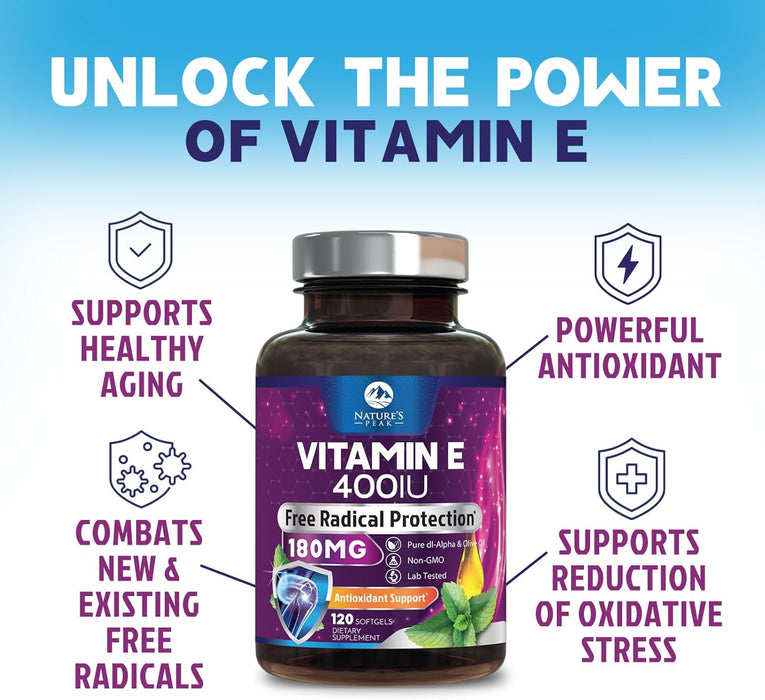 E Vitamin for Women and Men - 180 mg (400 IU) dl-Alpha - Effective Antioxidant Dietary Supplement - Hair, Skin, & Immune Health Support - Easily Absorbed Form, Non-GMO & Gluten Free
