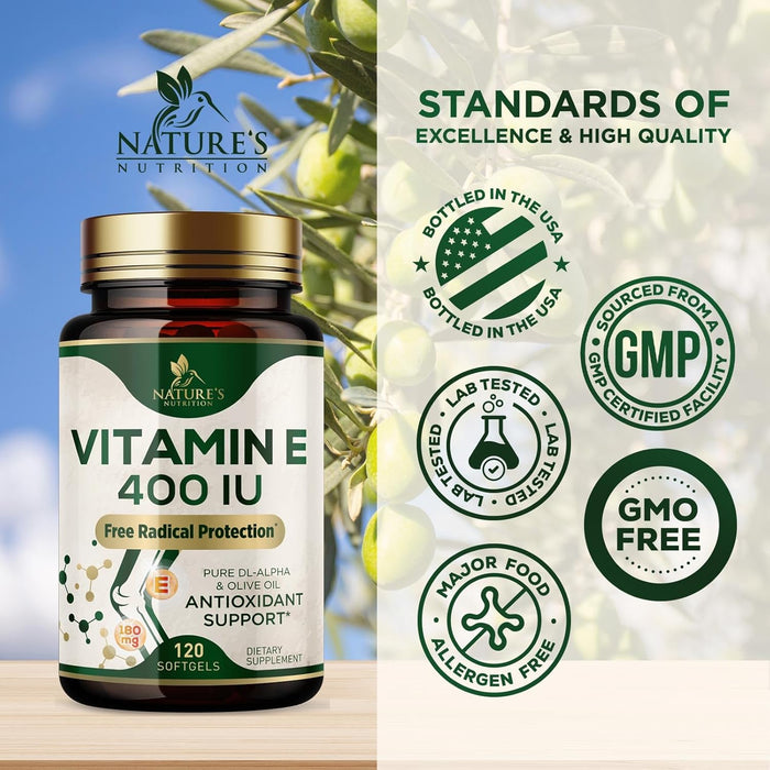 Vitamin E 400 IU Softgels (180mg DL-Alpha) for Women & Men, Supplement for Max Absorption, Nature's Antioxidant for Skin, Heart, Eye, and Immune Health Support, Dairy, Gluten & Soy Free