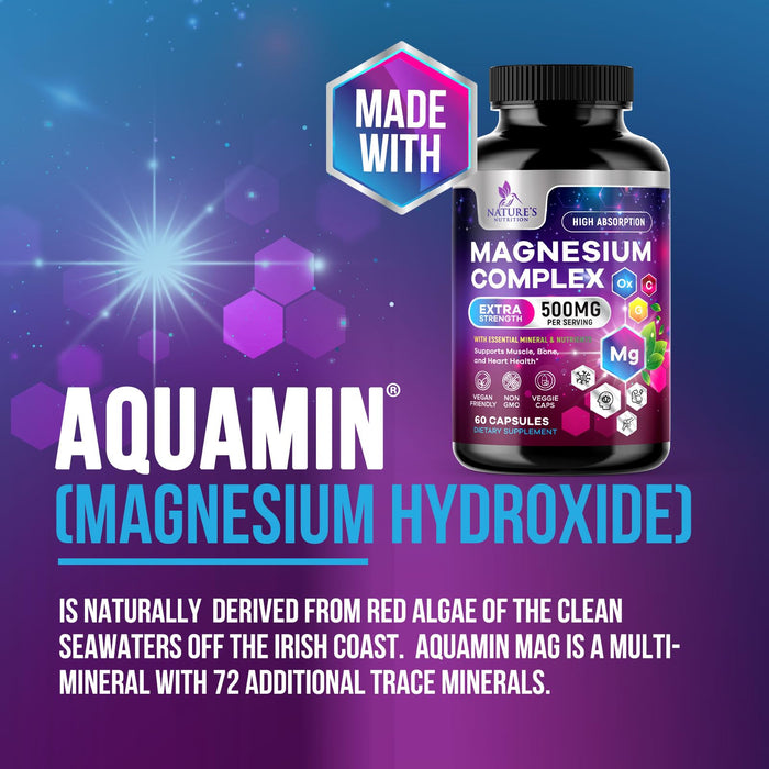 Magnesium Complex Supplement 500 mg - 5 in 1 High Absorption Chelated Magnesium Glycinate, Malate, Citrate, Oxide, Aquamin - Non-GMO Magnesio Capsules, Bone Muscle & Heart Health Support, 60 Capsules
