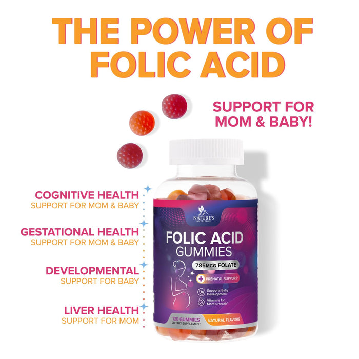 Folic Acid Gummies for Women 785 mcg, Essential Prenatal Vitamins for Mom & Baby, Vegan Folic Supplement Gummy, Daily Vitamin B9 Extra Strength Folate, Before During After Pregnancy - 120 Gummies
