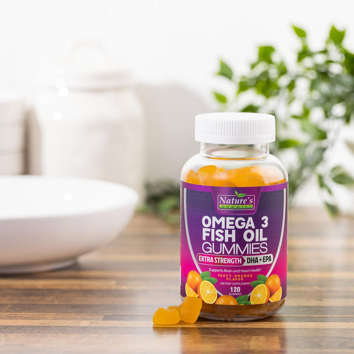 Omega 3 Fish Oil Gummies, Heart Healthy Omega 3 Gummy Supplement with High Absorption DHA & EPA, Extra Strength Joint & Brain Support, Delicious Orange Flavor Fish Oil Nature's Vitamin - 120 Gummies