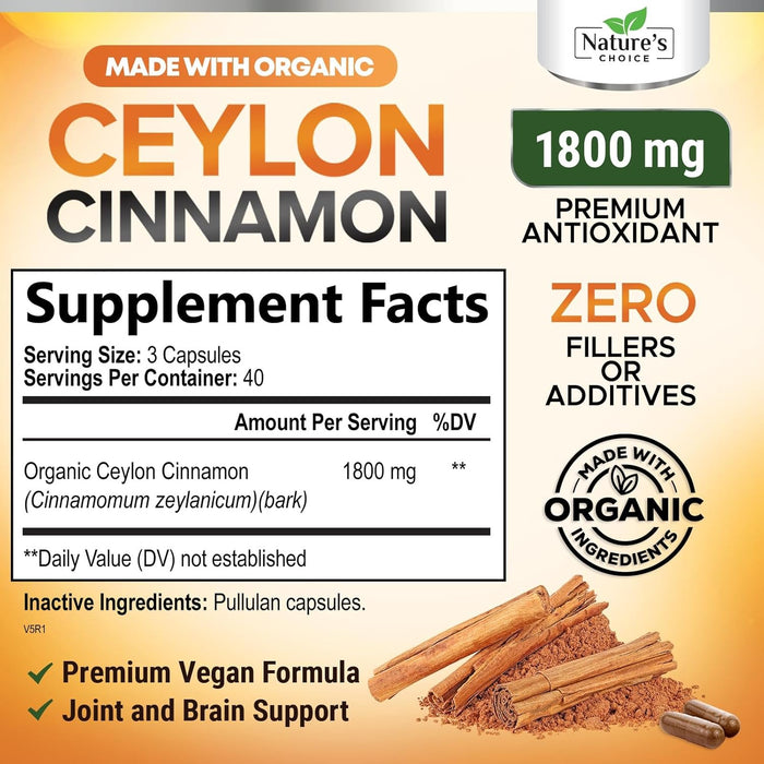 Ceylon Cinnamon Capsules - Certified Organic Cinnamon Pills, Non-GMO, Dairy & Gluten Free, Sri Lanka Cinnamon Powder Supplement, Vegan True Cinnamomum Vitamins, Sugar Free, Cinnamon Capsules