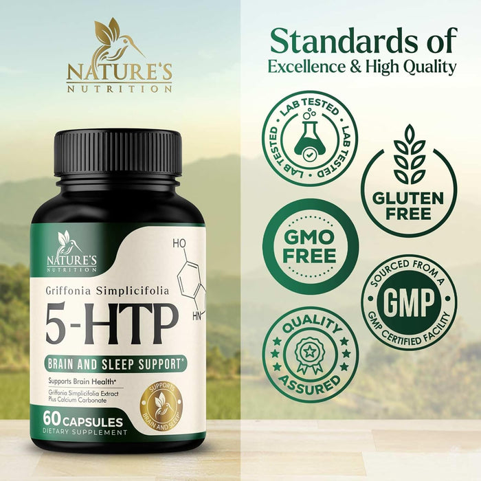 5 HTP 200mg Capsules Vegetarian Supplement - 5HTP Plus Calcium for Brain Support - Extra Strength Griffonia Simplicifolia 5-HTP Formula - 5 Hydroxytryptophan - Gluten Free & Non-GMO - 60 Capsules