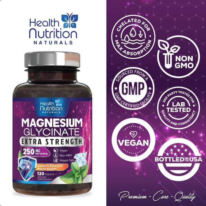 Magnesium Glycinate 250mg - 100% Chelated Magnesium for Max Absorption - Sleep Support, Muscle, Nerves, Bone & Heart Health Support, Best Mag Supplement, Vegan Non-GMO, 3rd Party Tested - 120 Tablets
