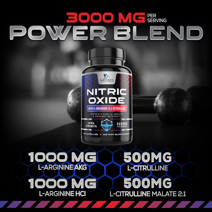 Nitric Oxide Booster Extra Strength 3000mg - L Arginine 3X Strength Nitric Oxide Supplements for Men and Women, Citrulline, Supports Muscle, Heart Health & Energy Supplement, Non-GMO - 60 Capsules