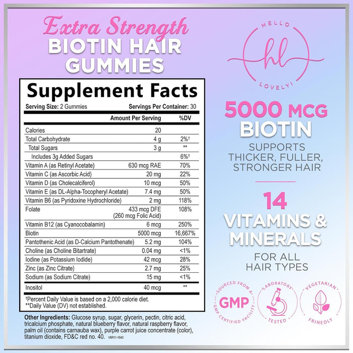 Hello Lovely! Hair Vitamins Gummies with Biotin 5000 mcg Vitamin E & C Support Hair Growth, Premium Vegetarian Non-GMO, for Stronger Beautiful Hair, Skin & Nails Supplement