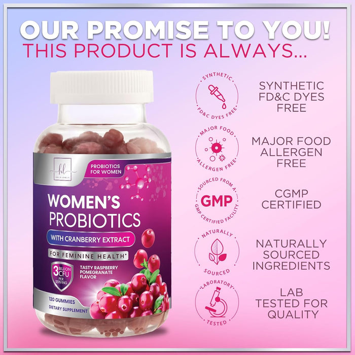 Probiotics for Women Gummies with Cranberry - 6 Premium Strains for PH Balance, Digestive Health, Vaginal & Immune Support, 3 Billion CFU, Women's Probiotic Gummy for Feminine Health - 120 Gummies
