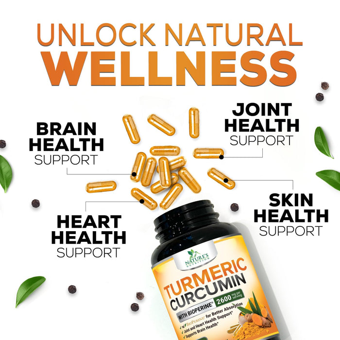 Turmeric Curcumin Supplement with BioPerine 95% Curcuminoids 2600mg with Black Pepper for Best Absorption, Bottled in USA, Best Natural Vegan Joint Support, Nature's Non-GMO Tumeric - 180 Capsules