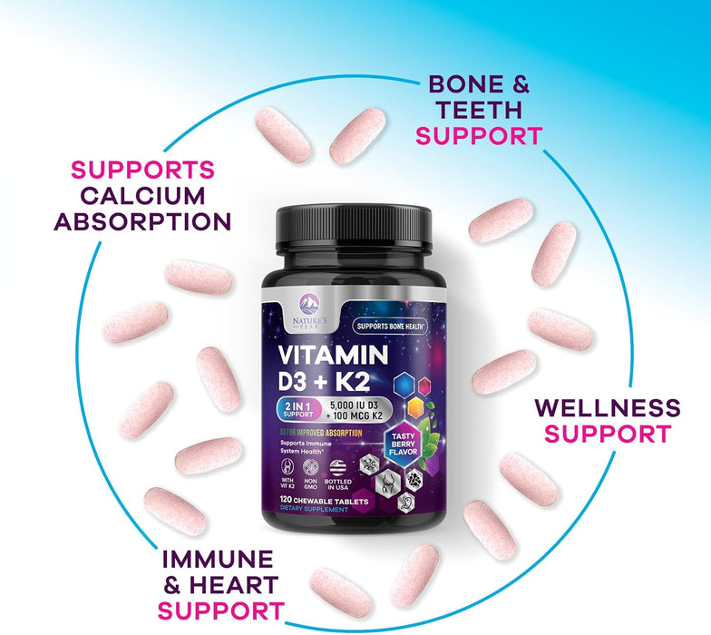 Vitamin D3 K2 - 5000 iu Vitamin D3 & 100 mcg Vitamin K2 (MK-7) Complex for Immune Support - Bone, Teeth & Muscle Health Support - Berry Chewable, Gluten Free, Non-GMO, Made in USA - 120 Tablets