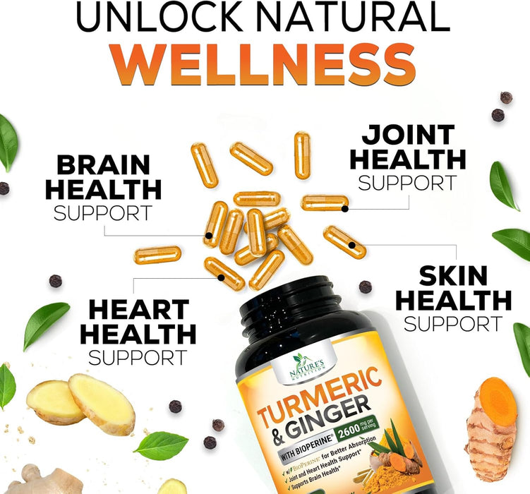 Turmeric Curcumin Supplement 2600mg with Organic Ginger & Turmeric, BioPerine Black Pepper Extract 95% Curcuminoids - Advanced Absorption Joint & Antioxidant Extra Strength Support - 60 Capsules