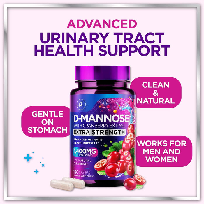 Organic D Mannose 1300mg per Serving Supplements - Extra Strength D-Mannose Capsules with Cranberry - for Natural Gentle Cleansing & Urinary Tract Health Support - Bottled in USA - 120 Capsules
