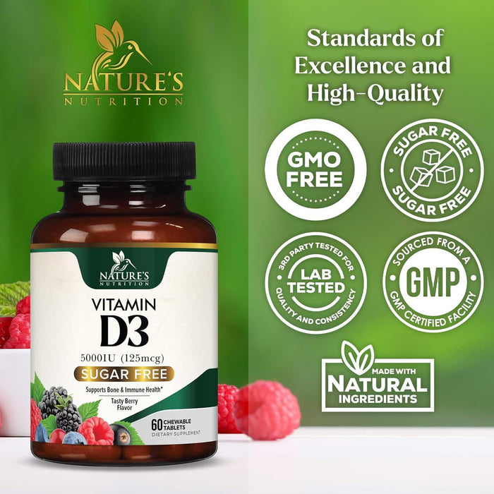 Vitamin D3 5000 IU (125 mcg) - Chewable D Vitamin for Bone, Teeth, Muscle & Immune Support, Sugar Free, Non-GMO, Gluten Free, Nature's Extra Strength Vitamin D Supplements