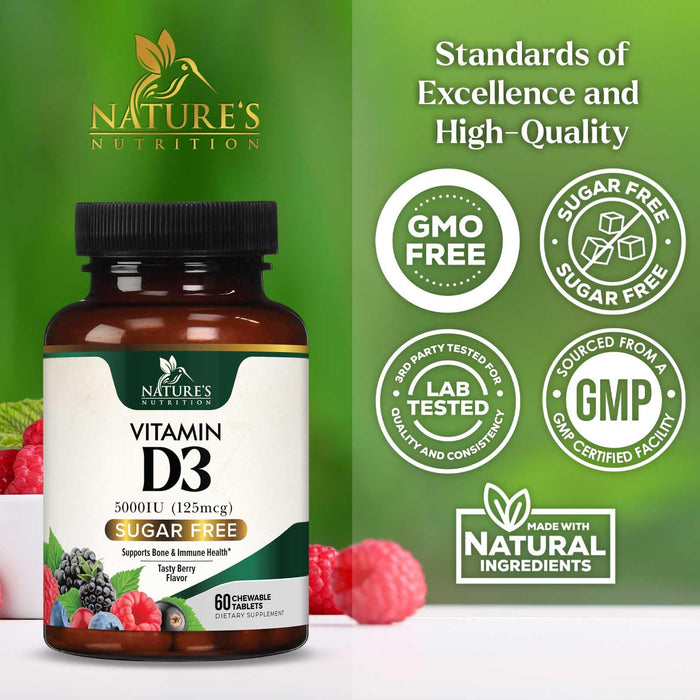Vitamin D3 5000 IU (125 mcg) Nature's Vitamin D Chewable for – 60 Count Tablets