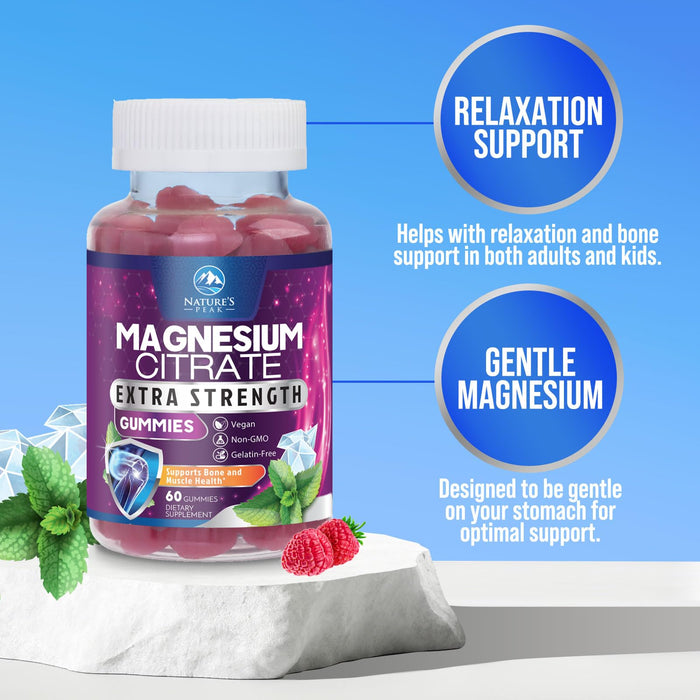Magnesium Citrate Supplement Gummies - High Absorption Magnesium Gummy for Adults & Kids, Magnesio Citrate Supplements for Bone, Muscle Health, Heart Support, Vegan, Gluten Free, Non-GMO - 60 Gummies