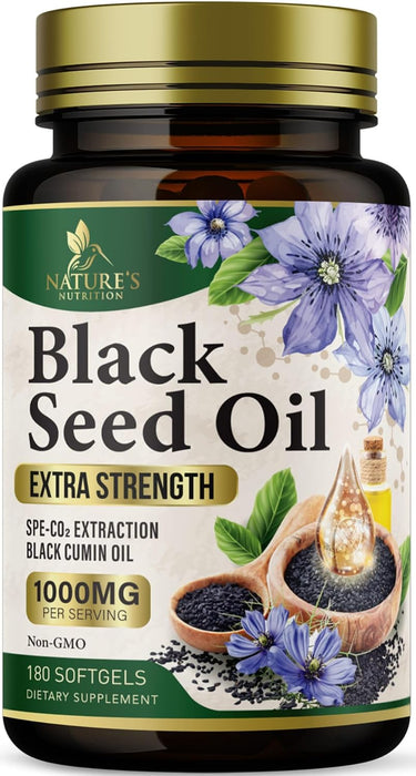 Premium Black Seed Oil Capsules Vegan Cold-Pressed 1000mg - Extra Strength Nigella Sativa Black Seed Oil, Nature's Pure Black Cumin Seed Oil for Immune, Hair and Brain Support, Non-GMO