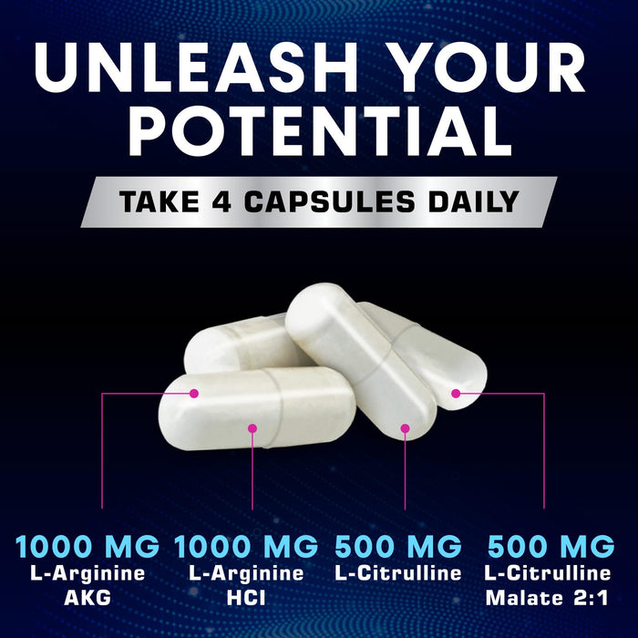 Extra Strength Nitric Oxide Supplement 3X Strength L Arginine, Citrulline Malate, AAKG, Beta Alanine - Premium Muscle Supporting Nitric Booster - Natural Energy & Heart Health Support - 240 Capsules