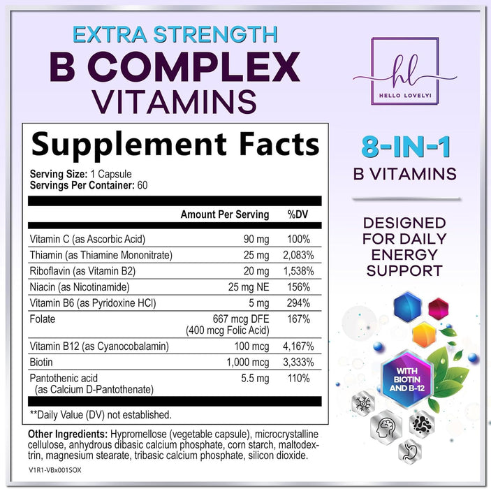 B Complex Vitamin Supplement 1000mcg - 3X Strength with Vitamin C & Folic Acid - Super B12 Complex Vitamins for Energy, Supports Hair Growth, Immune Support for Women & Men, USA Bottled, 60 Capsules