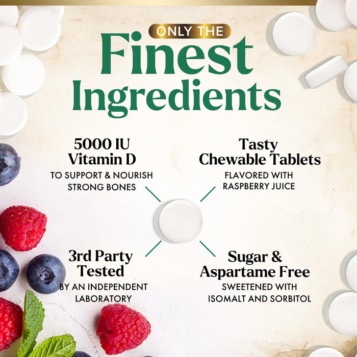 Vitamin D3 5000 IU (125 mcg) Nature's Extra Strength Vitamin D Supplement Chewable for Immune Support Health - Bone, Teeth and Muscle Supplements - Sugar Free, Non-GMO, Gluten Free - 120 Count Tablets