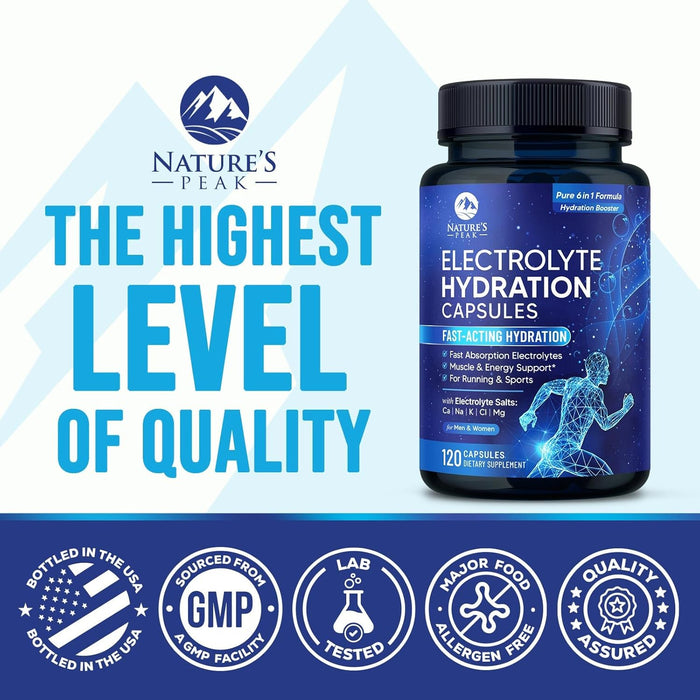 Electrolytes Supplement - 6-in-1 Advanced Hydration Complex with Sodium Chloride, Magnesium, Potassium, Calcium, Vitamin D3 - Best Sugar Free Hydrating Mineral Salt Pills - Vegan & Keto - 120 Capsules