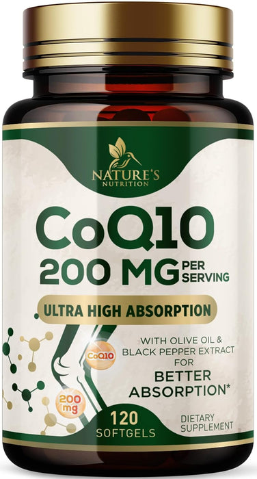 CoQ10 200mg Softgels - Extra Strength Coenzyme Q10 Supplement With Black Pepper Extract for Enhanced Absorption, CoQ10 Antioxidant Supplements for Heart Health & Cellular Energy Support - 120 Softgels