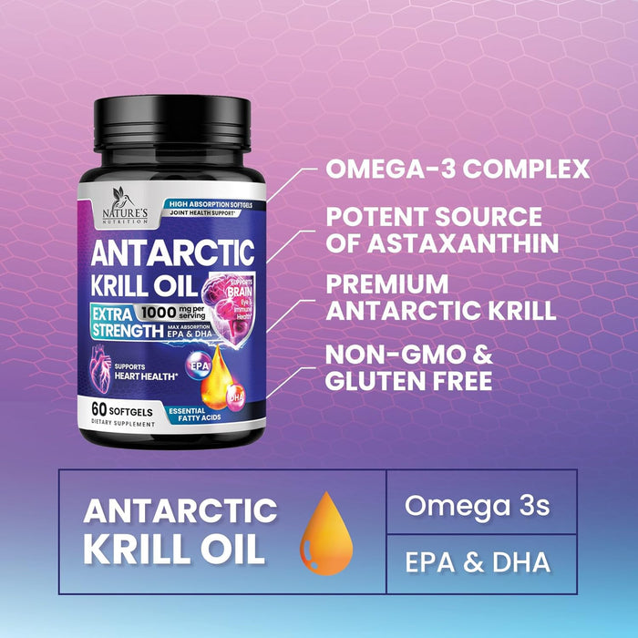 Krill Oil Omega 3 Supplement 1000 mg - Antarctic Krill Oil with Omega-3 EPA, DHA with Astaxanthin Sourced from Red Krill, Brain Health & Immune Support with Phospholipids - 30 Servings, 60 Softgels