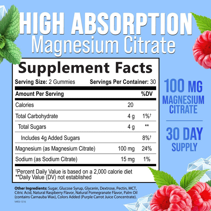Magnesium Citrate Supplement Gummies - High Absorption Magnesium Gummy for Adults & Kids, Magnesio Citrate Supplements for Bone, Muscle Health, Heart Support, Vegan, Gluten Free, Non-GMO - 60 Gummies