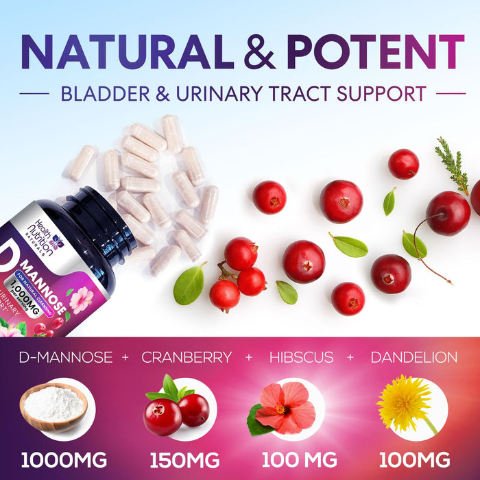 D-Mannose Supplement 1,350mg with Cranberry, Hibiscus & Dandelion - Fast-Acting, Natural Bladder & Urinary Tract Support for Women & Men â€“ Flush & Cleanse Impurities â€“ Non-GMO, Vegan â€“ 120 Capsules