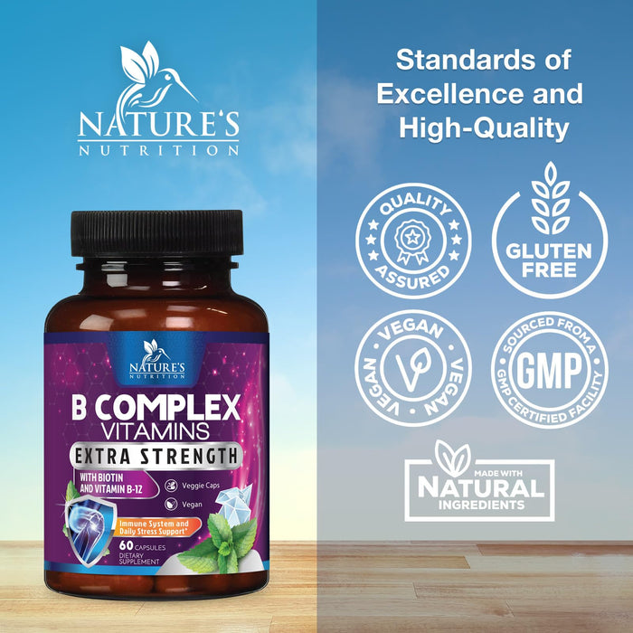B Complex Vitamins Capsules with Vitamin B6 B12 B100 C Biotin Folate & Folic Acid – 60 Capsules