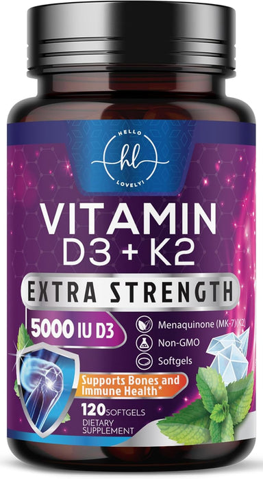 Vitamin D3 5000 IU with K2 100 mcg - D3 K2 Supplement, 2 in 1 Vitamins D & K2 Complex Softgels for Calcium Absorption, Bone, Teeth, Heart & Immune Support, Easy to Swallow, Non GMO