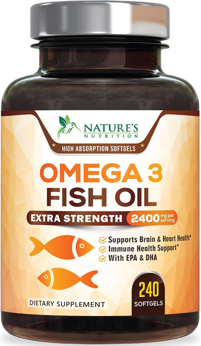 Omega 3 Fish Oil 2400 mg - Triple Strength EPA & DHA Fatty Acids for Heart, Brain & Joint Support Wild-Caught, Burpless, Lemon Flavor Supplement Natural, Non-GMO, Gluten-Free - 240 Softgels