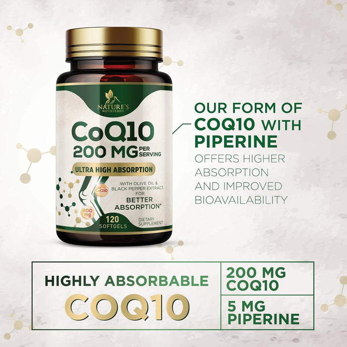 CoQ10 200mg Softgels - Extra Strength Coenzyme Q10 Supplement With Black Pepper Extract for Enhanced Absorption, CoQ10 Antioxidant Supplements for Heart Health & Cellular Energy Support - 120 Softgels