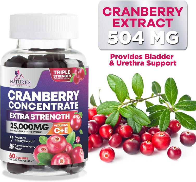 Nature's Nutrition Cranberry Urinary Tract Health Gummies + Vitamin C - 25,000mg - Triple Strength Cranberry Concentrate Extract Supplement Pills, Ultimate Potency, Non-GMO, Gluten Free