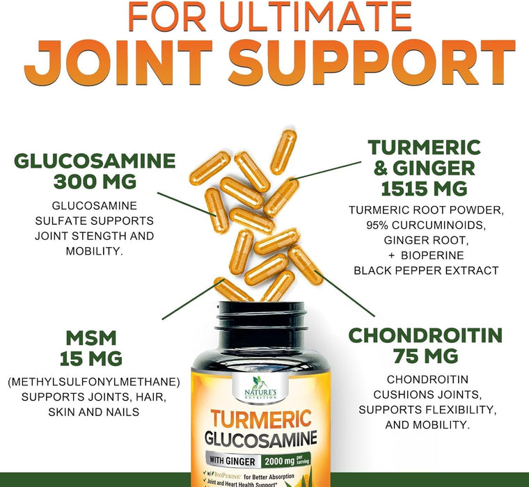 Turmeric Curcumin with BioPerine, Ginger & Glucosamine 95% Curcuminoids 2000mg Black Pepper for Max Absorption Joint Support, Nature's Tumeric Herbal Extract Supplement, Vegan, Non-GMO