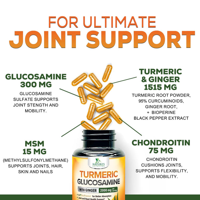 Turmeric Curcumin Supplement 2000mg with Glucosamine Chondroitin & Ginger, 95% Curcuminoids, BioPerine Black Pepper for Best Absorption, Nature's Joint Support, Non-GMO, Bottled in USA - 60 Capsules