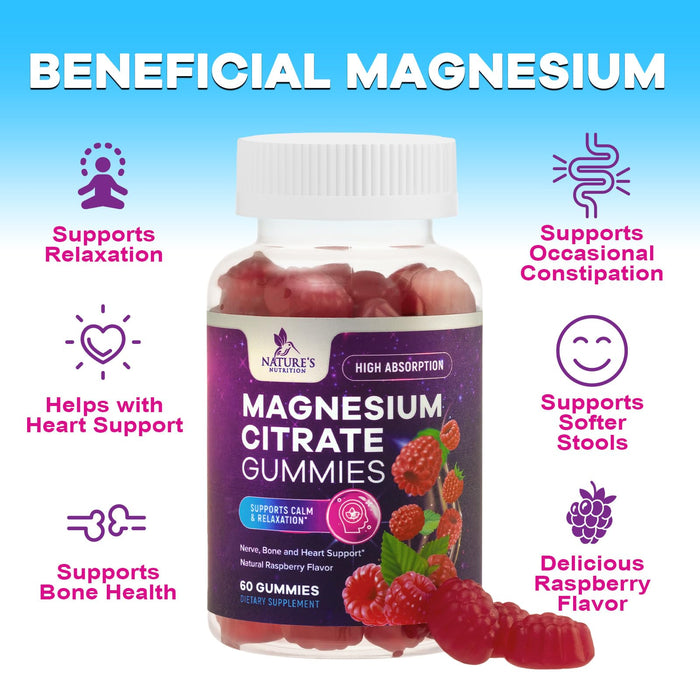 Magnesium Gummies Supplement - High Absorption Magnesium Citrate Supplement for Adults & Kids - Nature's Calm Magnesio Gummy Dietary Supplements for Bone, Muscle Health, Heart Support - 60 Gummies