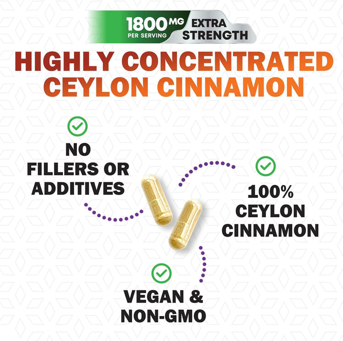Pure Cinnamon Capsules, Certified Organic Ceylon Cinnamon Pills, Non-GMO, Gluten-Free, Dairy-Free, Sri Lanka Cinnamon Powder Supplement, Best Vegan True Cinnamomum Vitamins, Sugar Free