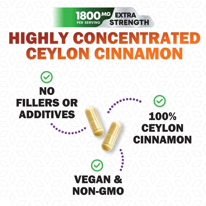Organic Ceylon Cinnamon Supplement 1800mg - Certified Organic Ceylon Cinnamon Powder Pills - Energy & Heart Support for Women & Men, Bottled in USA, Antioxidant, Gluten Free, Non-GMO - 60 Capsules