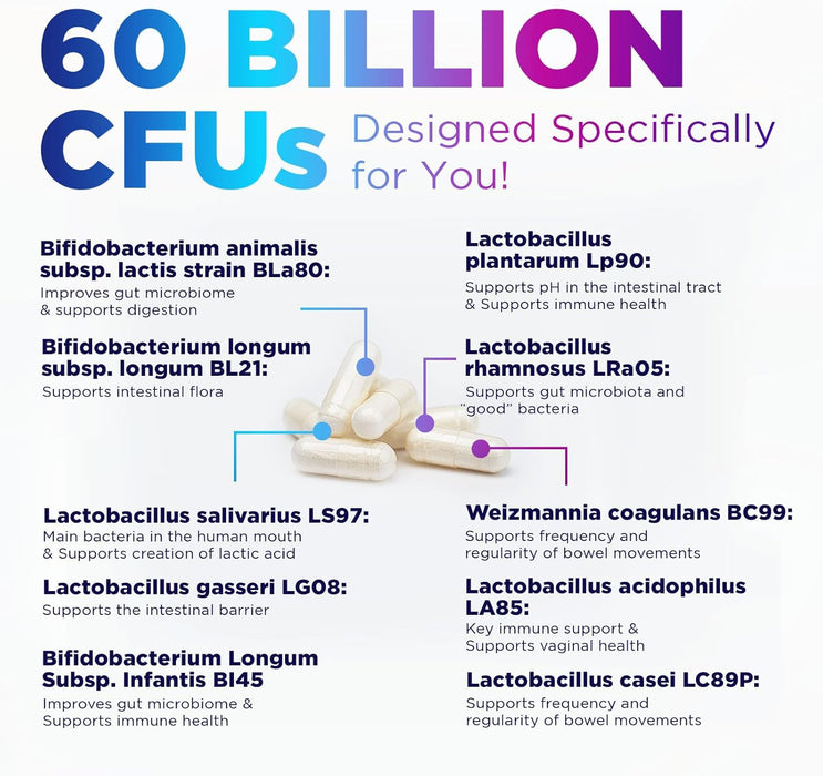 Daily Probiotics and Prebiotics 60 Billion CFU - 10 Diverse Strains for Digestion, Vaginal & Immune Health Support - Digestive Support for Men and Women, Dairy, Soy and Gluten Free