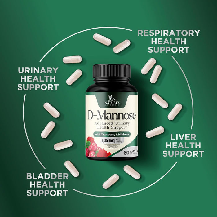 D-Mannose & Cranberry Extract 1350mg Advanced Formula, Fast-Acting Natural Urinary Tract Health Support for Women & Men, Flush Impurities in Urinary Tract & Bladder, Non-GMO, Vegan