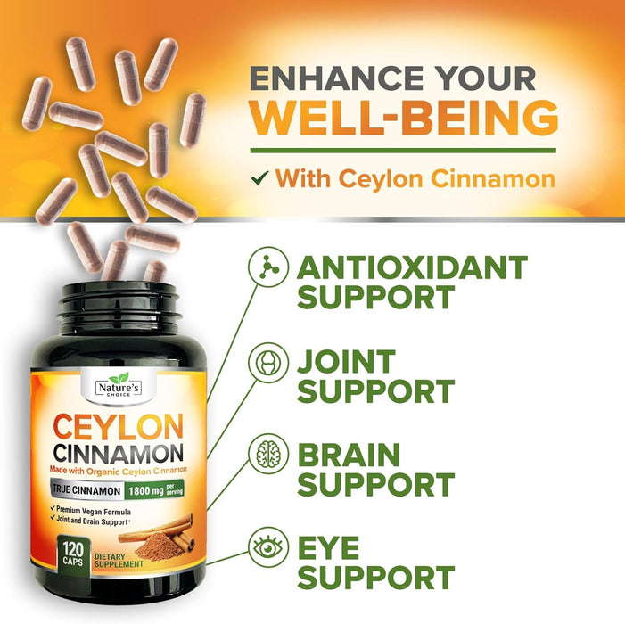 Ceylon Cinnamon Capsules - Certified Organic Cinnamon Pills, Non-GMO, Dairy & Gluten Free, Sri Lanka Cinnamon Powder Supplement, Vegan True Cinnamomum Vitamins, Sugar Free, Cinnamon Capsules