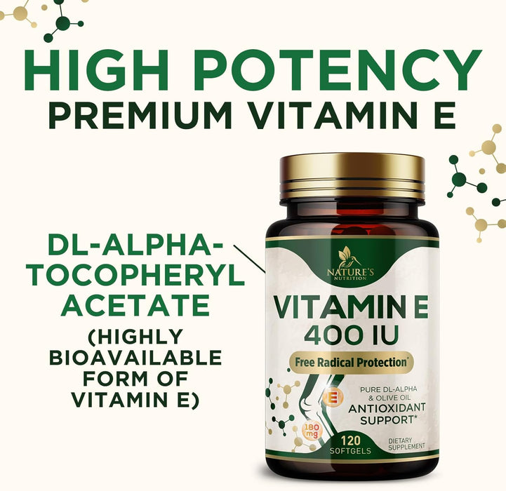 Vitamin E 400 IU Softgels (180mg DL-Alpha) for Women & Men, Supplement for Max Absorption, Nature's Antioxidant for Skin, Heart, Eye, and Immune Health Support, Dairy, Gluten & Soy Free