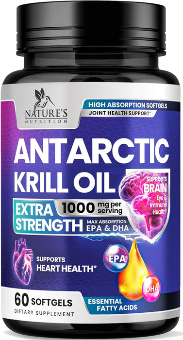 Krill Oil Omega 3 Supplement 1000 mg - Antarctic Krill Oil with Omega-3 EPA, DHA with Astaxanthin Sourced from Red Krill, Brain Health & Immune Support with Phospholipids - 30 Servings, 60 Softgels