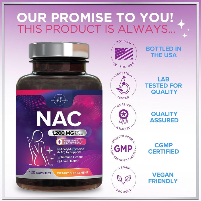 Hello Lovely! NAC Supplement 1200 mg - Liver, Lung Health & Immune Support, N-Aceyl Cysteine NAC Antioxidant & Free Radical Support, Non-GMO & Gluten Free N-Acetylcysteine Supplement