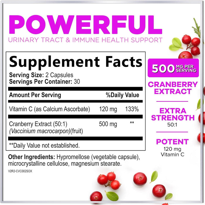 Cranberry Supplement 25,000mg Formula + Vitamin C – Urinary Tract Health Support for Women & Men, 50:1 Whole Fruit Cranberry Extract Pills for Women, Sugar-Free, Non-GMO, Gluten-Free - 60 Capsules