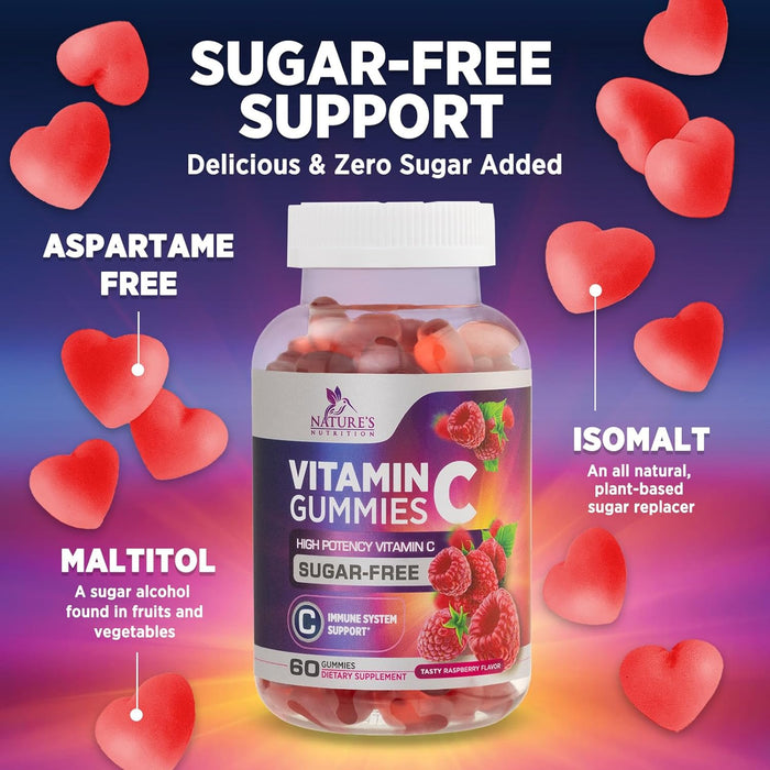 Sugar Free Vitamin C Gummies - Immune Support & Antioxidant Vitamin Dietary Supplement - Vegan, Non-GMO, Dairy & Gluten Free C Gummy Vitamins - Raspberry Flavor for Kids & Adults