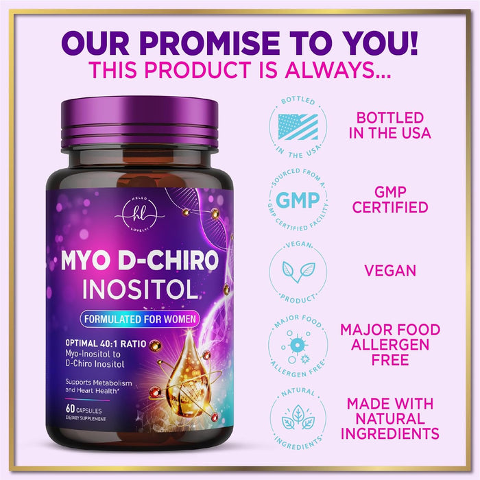 Myo-Inositol & D-Chiro Inositol Supplement 2000mg - Myoinositol with Ideal 40:1 Ratio - Fertility Supplements for Women for Ovarian Health & Hormone Balance Support, Bottled in the USA - 60 Capsules