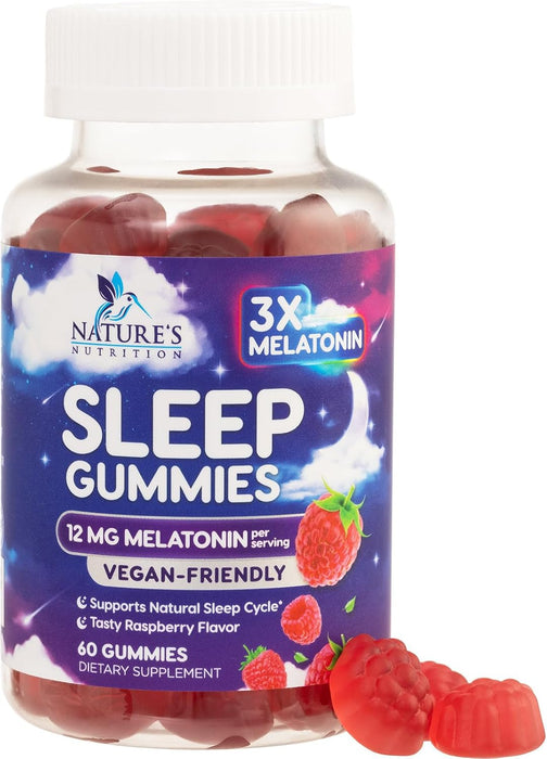 Melatonin Sleep Gummies - Extra Strength Sleep Gummy, 12 mg Melatonin, Natural Melatonin Gummy Sleeping Support Dietary Supplement for Adults, Vegan, Non-GMO, Natural Berry Flavor