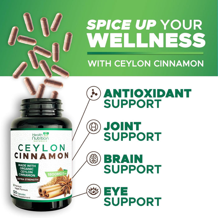 Pure Ceylon Cinnamon Capsules - Certified Organic Cinnamon Pills, Non-GMO, Dairy & Gluten Free, Sri Lanka Cinnamon Supplements, Vegan True Cinnamomum Vitamins, Sugar Free, Cinnamon Capsules