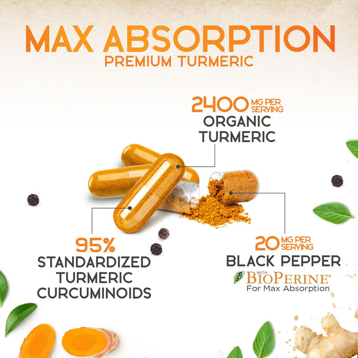 Turmeric Curcumin Supplement 2600mg - 95% Curcuminoids with Organic Turmeric & BioPerine Black Pepper for Best Absorption, Nature's Vegan Joint Support, Non-GMO Tumeric, Bottled in USA - 120 Capsules
